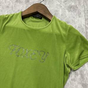 K ＊ 美品 日本製 'ラグジュアリーウェア' FOXEY NEW YORK フォクシー 半袖 ラインストーン装飾 ストレッチ素材 ベロア Tシャツ レディースの画像3