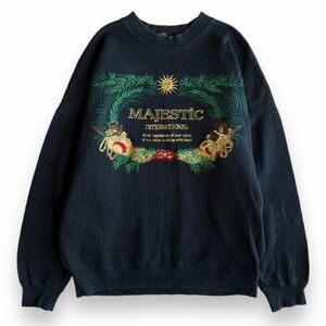 日本製 MAJESTIC マジェスティック 刺繍 デザイン ロゴ クルーネック コットン スウェット トレーナー トップス レトロ 古着 46 ブラック