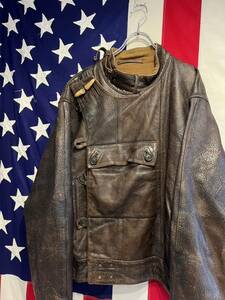 *60s*70s* Sweden army * motor cycle jacket * bike squad * Army * leather * Brown * tea color *XL size corresponding * Vintage *