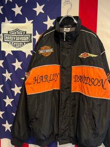 ★Harley-Davidson★90s★中綿ブルゾン★ジャンパー★刺繍ロゴ★ビッグロゴ★黒×オレンジ★XLサイズ★ヴィンテージ★ハーレーダビッドソン