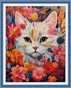 花の中のネコ クロスステッチキット 図案印刷