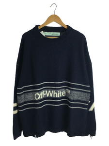 OFF-WHITE◆セーター(厚手)/S/ウール/ネイビー/18AW/OW SWEATER/ダメージ加工