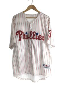 Authentic◆phillies/ベースボールシャツ/半袖シャツ/52/ホワイト/ストライプ/MLB/LEE33