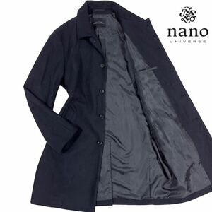 ナノユニバース【紳士な逸品】nano universe ステンカラーコート ロング丈 濃紺/ネイビー 美シルエットが魅力的なSサイズ 極上起毛ウール◎