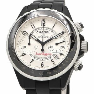[3 year guarantee ] Chanel men's J12 super reje-laH2004 box guarantee chronograph Date silver Raver self-winding watch wristwatch used free shipping 
