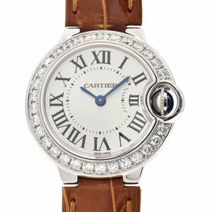 [3 year guarantee ] Cartier lady's ba long blue du Cartier WE900351 K18WG diamond bezel silver quarts wristwatch used free shipping 