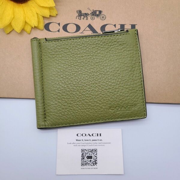 COACH マネークリップ 新品 オリーブグリーン 最新作 ペブルレザー メンズ