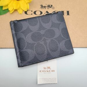 COACH マネークリップ 新品 チャコール デニム 最新作 レザー メンズ