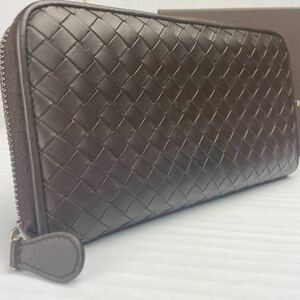 1円《極美品・箱付き》BOTTEGA VENETA ボッテガヴェネタ 長財布 ラウンドファスナー イントレチャート ダークブラウン 焦げ茶 ラムレザー 