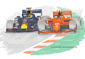 イラスト フェラーリ vs レッドブル 2019年 オーストリアGP A4サイズ 額入り