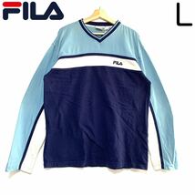 輸入古着 FILA フィラ 厚手 ロンT Vネック 3色 ネイビー ホワイト 水色_画像1