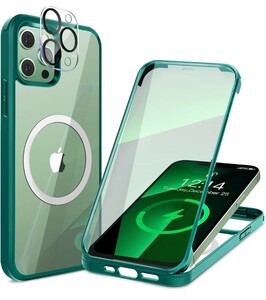 y013111fm HAUTRKBG iPhone 13 Pro Max 用 ケース クリア 両面 強化ガラス 全面保護 MagSafe 対応 ワイヤレス充電 対応 グリーン