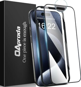 y012411fm 1枚が3枚に匹敵 ・一体式 防塵 設計 OAproda ガラスフィルム iPhone 15 pro 用 全面保護 硬度 9H 超え 強化黒縁 ガイド枠 付き