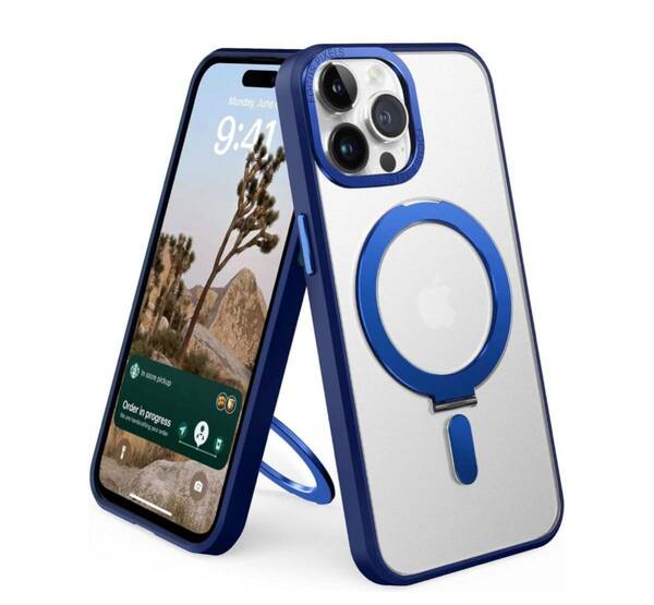 y011109m Magsafe 対応 iPhone15 ケーススタンド付き MagSafe磁気リング対応のマットな透明 米軍耐衝撃 縦横両対応 ブルー
