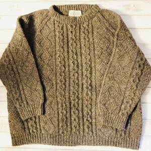 ヨーロッパ古着　ビッグサイズ　Erin Knitwear アイルランド製　XLくらい フィッシャーマンセーター　ニット クルーネック ウール ブラウン