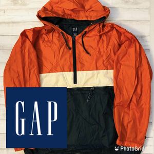 オールドギャップ　GAP M スリートーン　ナイロン　アノラックパーカー　ネイビー×オレンジ×アイボリー