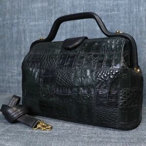 １円スタート クロコダイル 丸型 2way ショルダー ハンドバッグ genuine crocodile エキゾチックレザー 1スタ グリーンブラック ワニ革