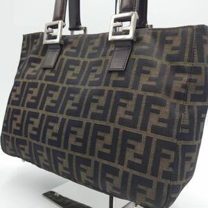 1円 【美品】フェンディ FENDI ハンドバッグ ズッカ キャンバス レザー 革 カーキ ダークブラウン 茶色　