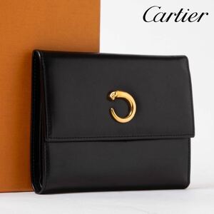 ★極美品★一スタ Cartier カルティエ パンテール 三つ折り財布 コンパクトウォレット レザー ブラック系 ゴールド金具 ユニセックス