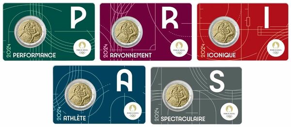 2024 フランス パリ2024 オリンピック開催記念 ブリスターパック入り 2ユーロ 硬貨の5色セット