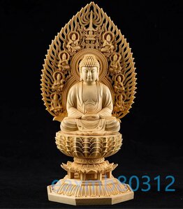 新作 総檜材　仏教工芸品　木彫仏教　精密彫刻　阿弥陀如来座像 高さ28cm