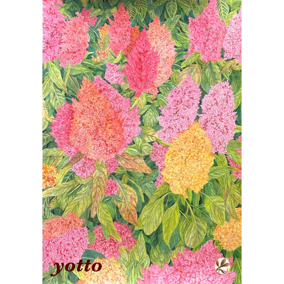 Colored pencil drawing Celosia A4 with frame◇◆Hand-drawn◇Original drawing◆Flowers◇◆Yotto, artwork, painting, pencil drawing, charcoal drawing