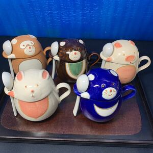 ★大阪/店舗受け取り可★茶碗蒸し マグカップ 5点セット 動物 アニマル 約高さ10.5cm スプーン付き 和食器 可愛い ★