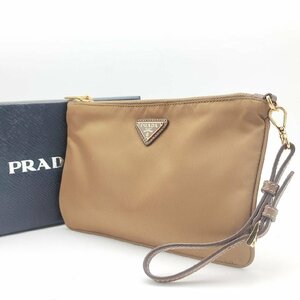 美品 PRADA プラダ フラットポーチ アクセサリーポーチ 箱付き TESSUTO TABACCO ナイロン 三角ロゴプレート 小物入れ クラッチバッグ