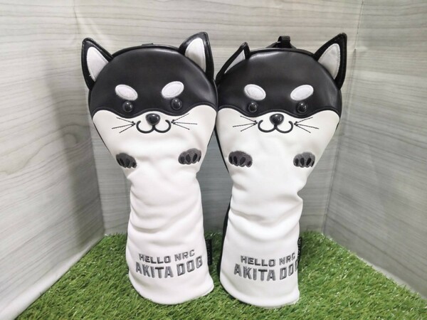 【FW】ゴルフヘッドカバー　フェアウェイウッド用　秋田犬　黒2点セット