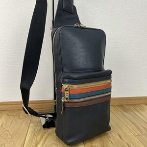 1円 Paul Smith ポールスミス シグネチャージップ ロゴ型押し シルバー金具 ショルダーバッグ ボディバッグ メンズ レザー ネイビー 紺