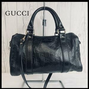 ◆美品◆ GUCCI グッチ シマレザー ショルダーバッグ GG柄 ブラック ボストンバッグ ハンドバッグ レザー 斜め掛け クロスボディ