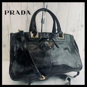 ◆美品◆ PRADA プラダ ハンドバッグ レザー リボン ブラック 黒 ショルダーバッグ 斜め掛け