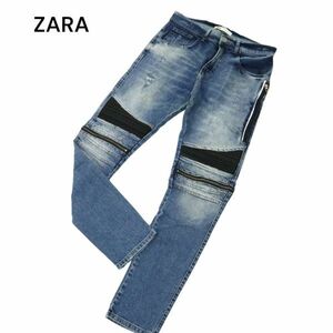 ZARA ザラ マン dnwr. 現行タグ★ USED加工 切替 ジップ ストレッチ バイカー デニム パンツ ジーンズ Sz.32　メンズ　C4B00367_1#R