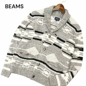 BEAMS ビームス 通年 ネイティブ柄★ コンチョ釦 ショールカラー ニット カーディガン Sz.S　メンズ グレー　C4T00644_1#O