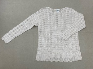 (I11645) ローラアシュレイ laura ashley リネンコットン かぎ編みニットプルオーバー M オフホワイト系