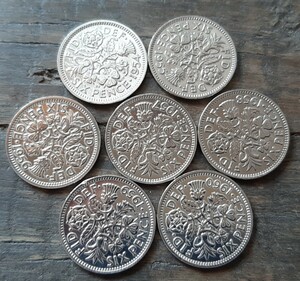 英国幸せのシックスペンス イギリス 7枚セットラッキー6ペンス コイン 1954~60本物古銭英国コイン 美品です19.5mm 2.8gram 6ペンス 