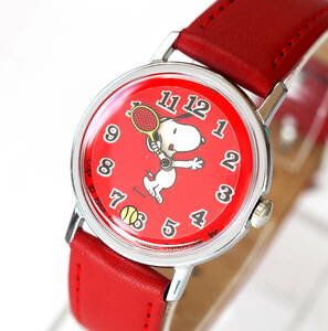 整備済稼働 希少な赤 1970年代 スヌーピー 新品ベルト TIMEX 機械式手巻き 腕時計 Snoopy タイメックス メンズ テニスボール OH済 赤文字盤