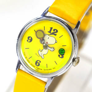 整備済 稼働 スヌーピー 新品ベルト TIMEX 1970年代 機械式手巻き 腕時計 希少レア Snoopy Tennis タイメックス テニスボール 黄色文字盤