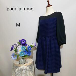  Pour La Frime finest quality beautiful goods One-piece dress М size navy blue color series stripe pattern 