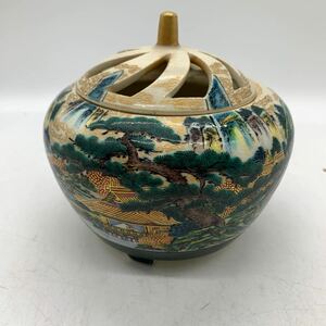 6-1-40■ 香炉　九谷　泉山　色鮮　色絵　山水　中古現状品　インテリア　コレクション アンティーク　香道具 骨董 九谷焼 陶器