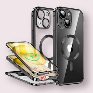 iPhone15用ケース 両面ケース＋マグセーフ対応 一体型レンズ保護カバー マグネット搭載