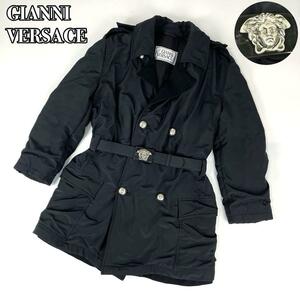 1円〜■GIANNI VERSACE ジャンニヴェルサーチ トレンチコート メデューサ バックル シルバー金具 ブラック Giaccone uomo XLサイズ 黒色