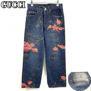 極美品■GUCCI グッチ デニムパンツ 花柄刺繍 トムフォード期 フラワー Mサイズ ユニセックス FW99 TomFord Denim Pants エンブロイダリー