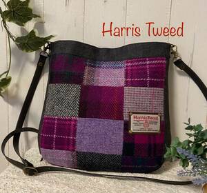 値下げしました★パープル系現品限り★Harris Tweed★ハリスツイード★色々パッチ＆ブラックデニムデニム生地★ショルダーバッグ