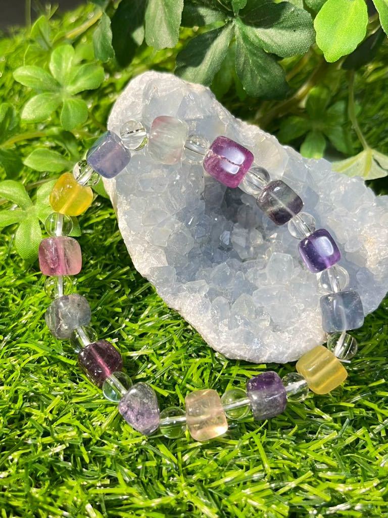 Handmade natural stone bracelet ◆ Quartz mixed color fluorite 8mm ◆ Inner diameter about 17cm ◆ Power stone natural stone bracelet ◆ Good luck charm⑥, Handmade, Accessories (for women), others