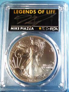 ★★ 最高鑑定 シルバーイーグル 2023年 MLBレジェンド Mike Piazza 直筆サイン １$ .999銀貨 PCGS MS70 First Strike ★★