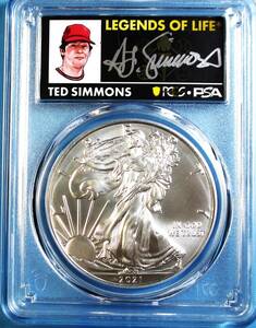 ★★ 最高鑑定 シルバーイーグル 2021-P T-1 Emergency MLBレジェンド Ted Simmons 直筆サイン １$ .999銀貨 PCGS MS70 FDI ★★