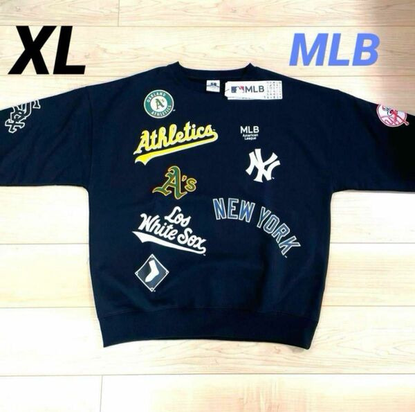 【新品】MLB ヤンキース　トレーナー　スウェット　裏起毛　刺繍ロゴ　総柄　XL LL