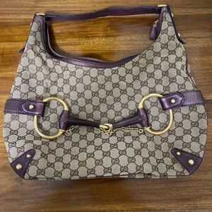 グッチ GUCCI ショルダーバッグ GGキャンバス ホースビット ベージュ 紫 