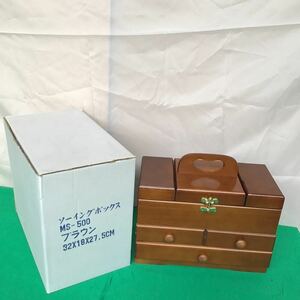 c【同梱可】未使用品　木製 ソーイングボックス 裁縫箱　茶色　
